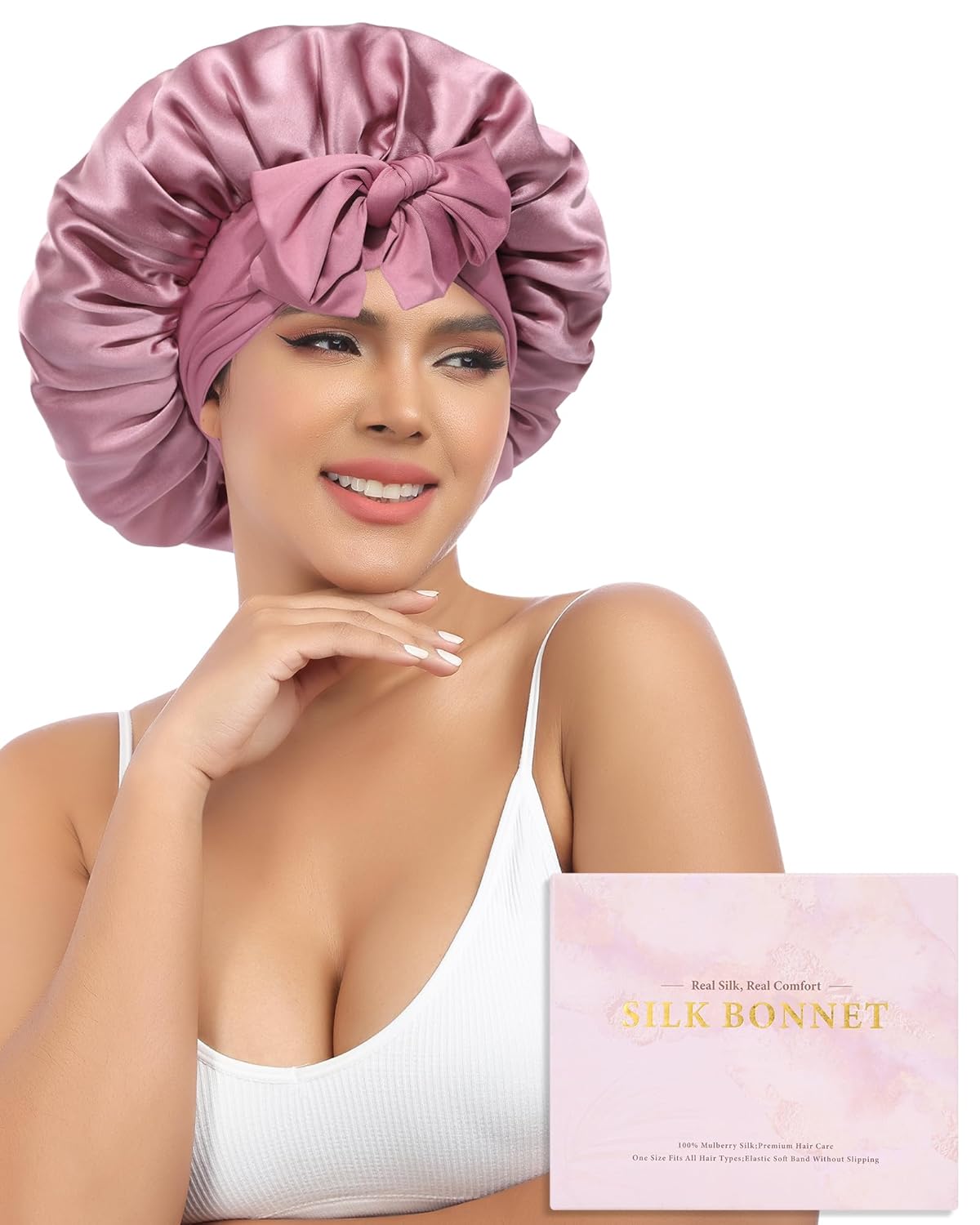 Silk Bonnet for Sleeping - 100% Mulberry Silk Reversible Hair Wrap | Dust Rose/Pink, 2-Layer Design