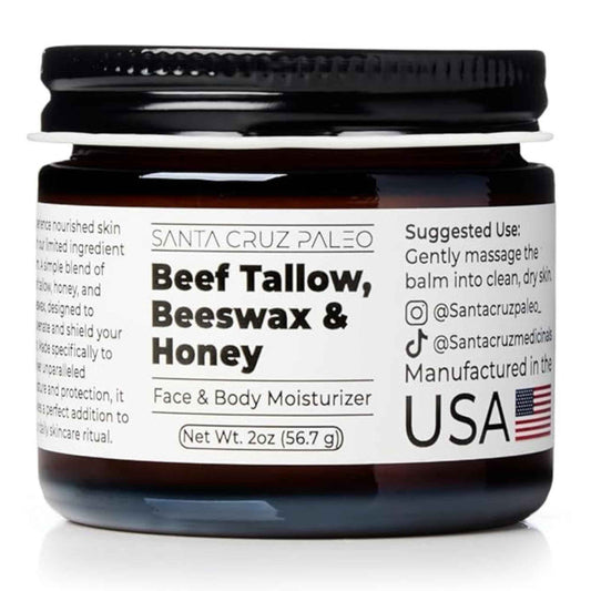 Santa Cruz Paleo Beef Tallow for Skin, Grass Finished & Grass Fed Beef Tallow and Honey Balm Body & Face Moisturizer, Organic Beeswax and Organic Honey, Light Scent, Moisturizing Natural Formula, 2 Oz