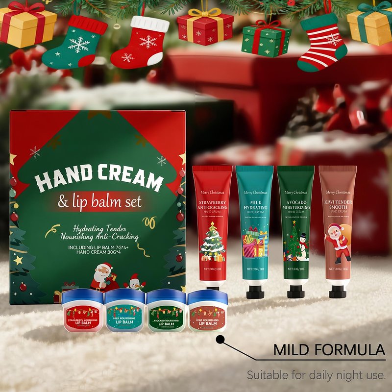 NovaCharm Christmas Hand Cream and Lip Balm Gift Set for Women & Girls, 8PCS Holiday Moisturizing Set with Shea Butter & Avocado Oil – Hydrating, Nourishing, Smoothing Skincare Set for Winter
