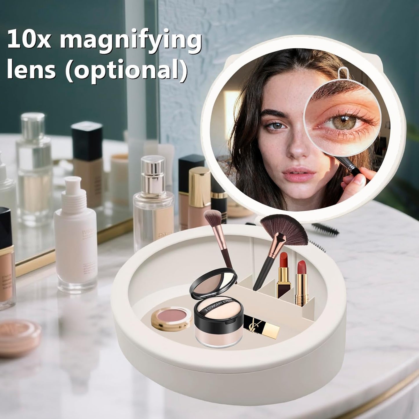 LED Makeup Mirror - 10X/1X Magnifying Vanity Mirror with 66 LEDs | 3 Lighting Modes & Storage (White)