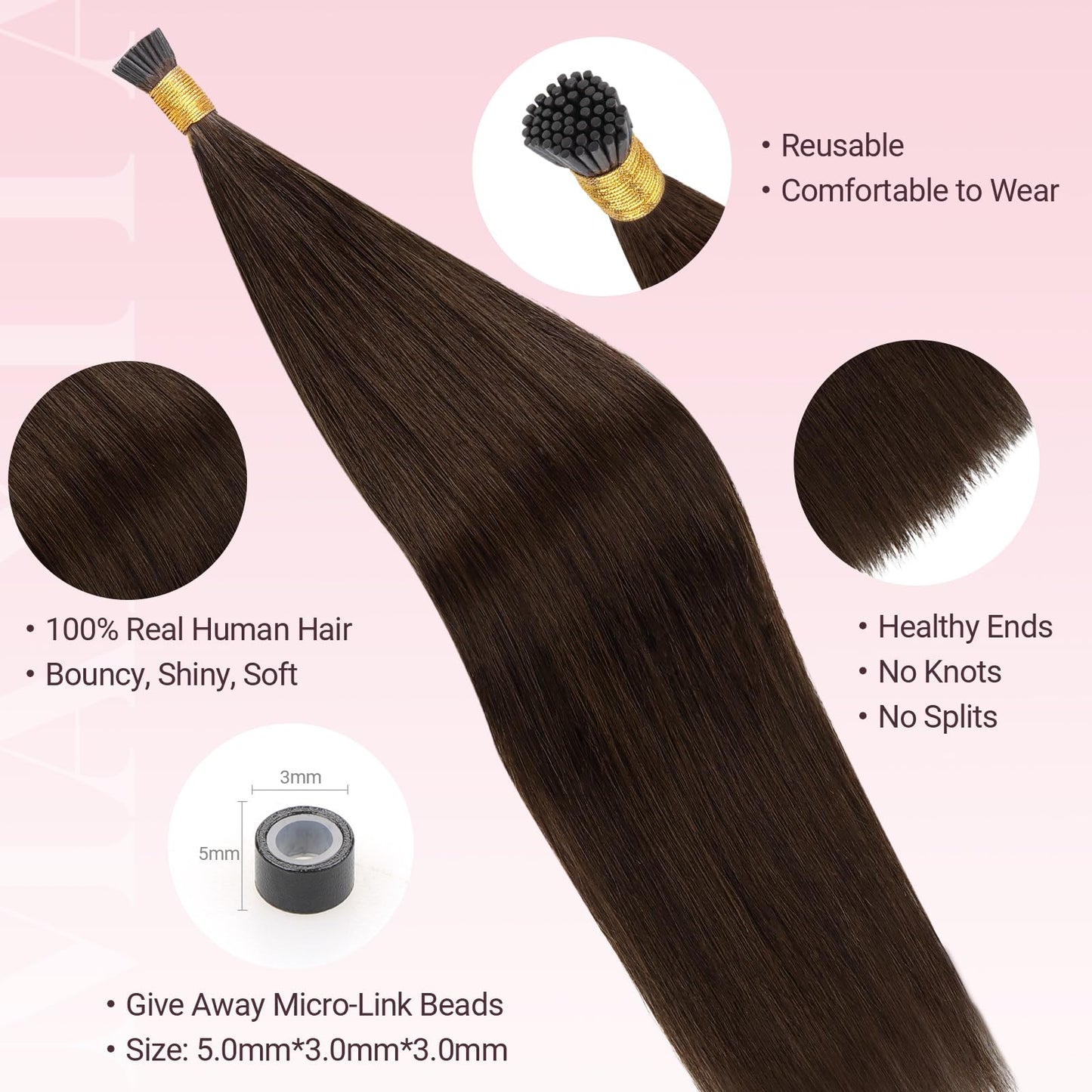 MAXITA I Tip Hair Extensions Human Hair,50g/100s Chocolate Brown 16 Inch Comfortable Wear, Invisible & Natural Cold Fusion, 100% Remy Human Hair Itip Keratin Hair Extensions