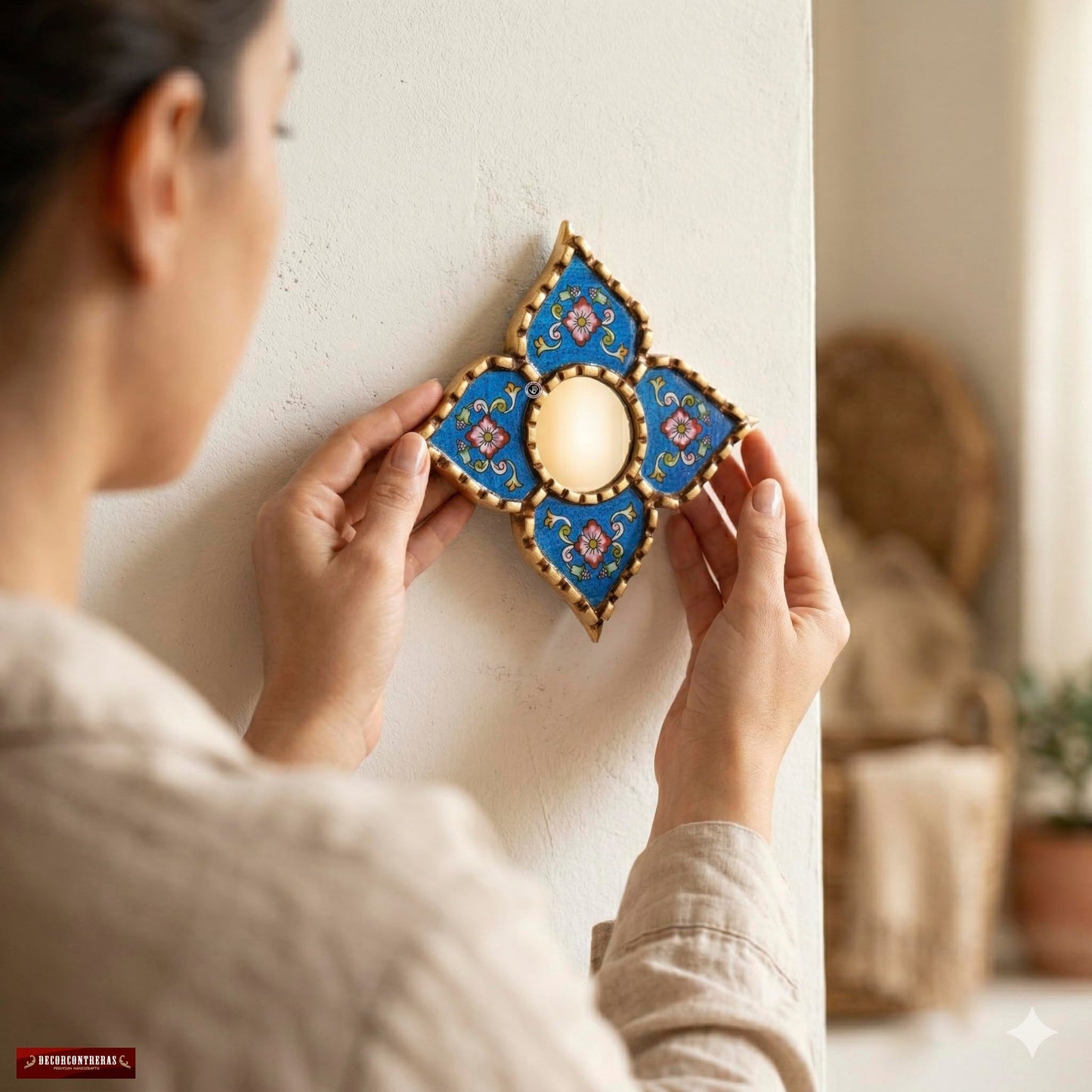 DecorContreras Peruvian Painted Glass Mirror with Bronze Leaf Framed - Handmade Diamond Mirror 6in for Gallery wall (Blue)