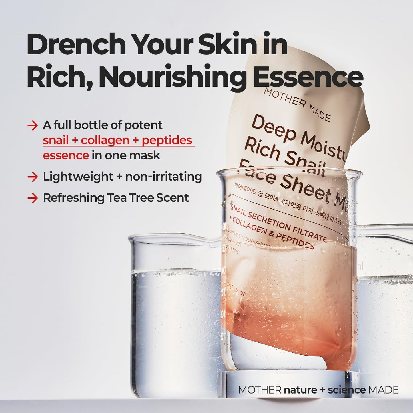 MOTHER MADE Snail Face Mask With Niacinamide 2% & Vitamin E, Collagen Sheet 10 EA, For Dry & Sensitive Skin, Mascarillas Para La Cara, Hyaluronic Acid, Korean Skincare