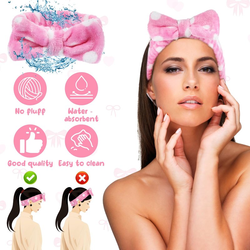Prasacco 50 Pcs Pink Spa Headband for Women, Soft Coral Fleece Headband for Washing Face Cute Skincare Headbands with Bow Elastic Polyester Makeup Headbands for Women Girls