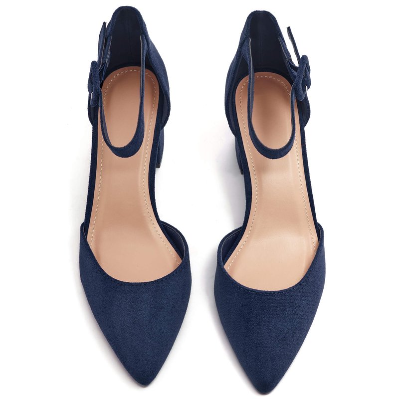 Women’s Closed Pointed Toe Pumps Block Low Heel Ankle Buckle Comfortable Party Office Shoes Navy Suede