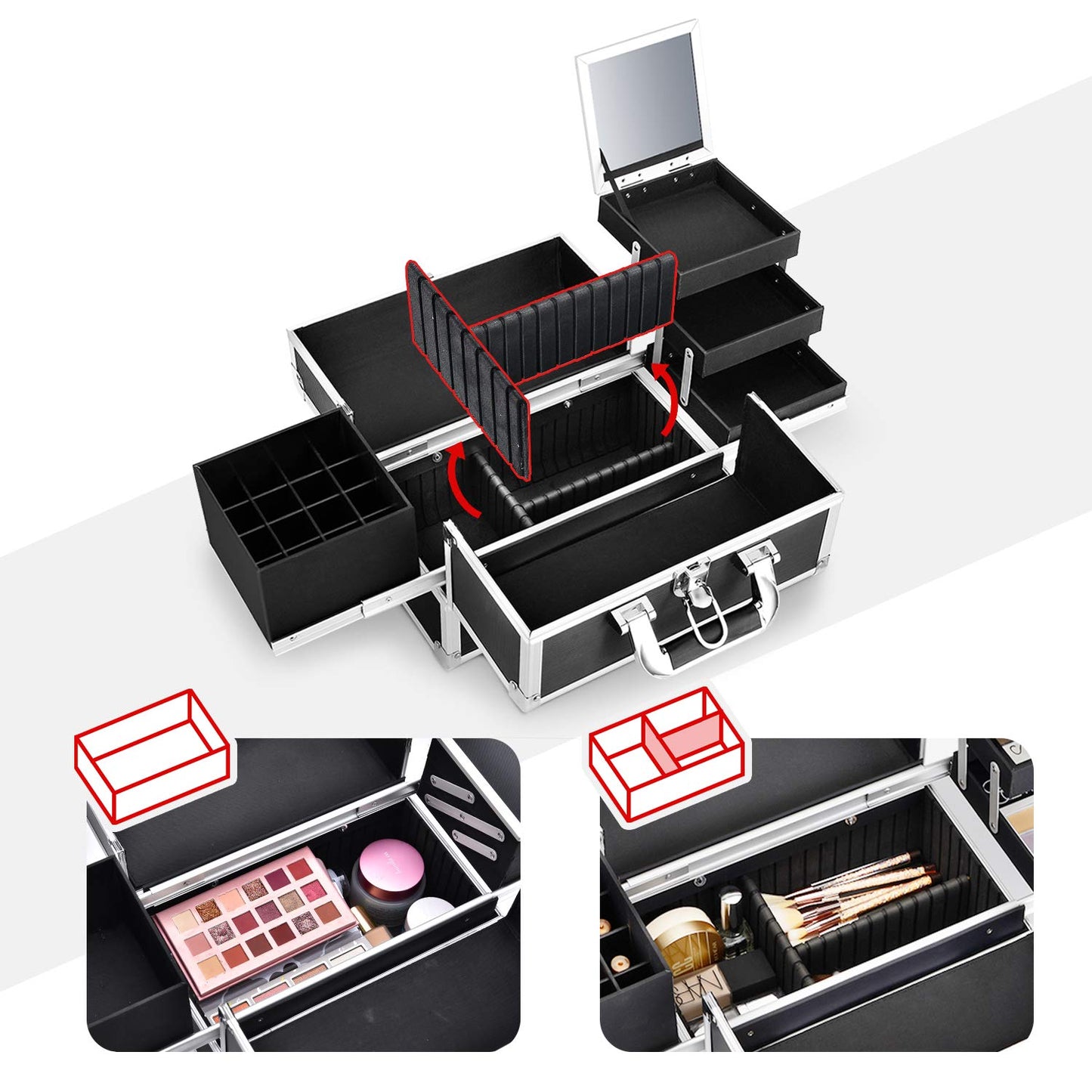 Joligrace Makeup Train Case Organizer Box Professional Multi-Purpose Cosmetic Storage with Sliding Trays, Polish Slots & Mirror, Portable Lockable with Keys, Large Black