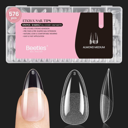 Beetles Medium Almond Nail Tips 576pcs 12 Sizes, Pre-Etched Soft Gel Tips Half Matte Full Cover Press on False Nail Tips Clear Acrylic Nails DIY Extension Gift for Women