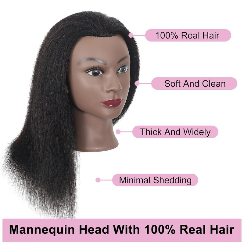 Lamcestyr Mannequin Head with Long Black Hair, Clamp Stand and DIY Hair Styling Set for Braiding Hair Styling (2#, 16 inches)