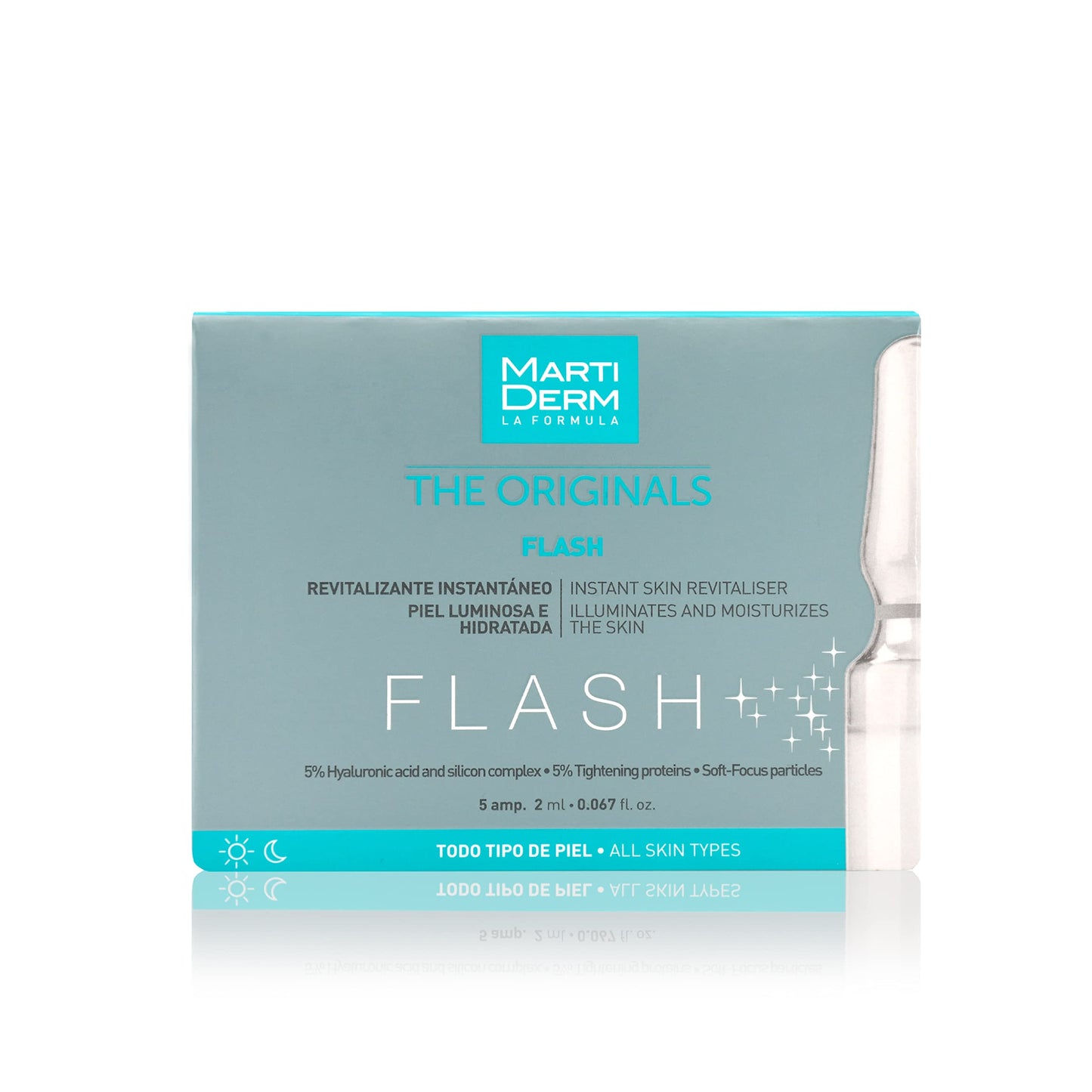 Martiderm Flash Ampoule for Women and Men with Hyaluronic Acid, Silica Complex and Tightening Proteins for Moisturising, Renewing and Inmediate Lifting Effect, 5 Ampoules.