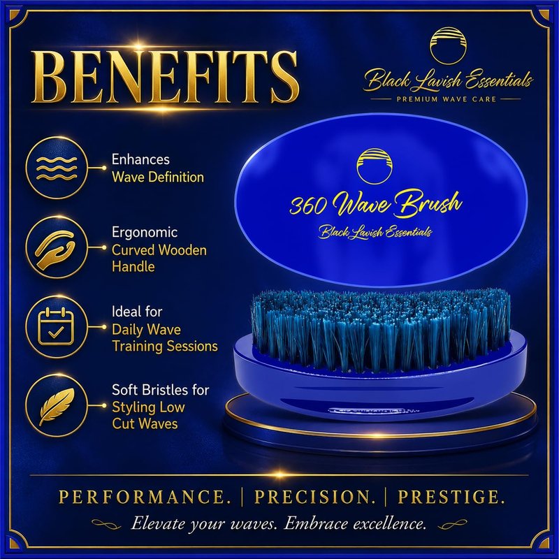 Black Lavish Essentials Men’s Hair Brush, Build Deeper, Hard Boar Bristle Curved, Perfect for Styling Hair, Ultimate Wave Grooming Tool, 360 Wave Brush (Medium-Hard Brush, Blue)