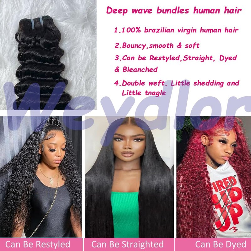 Weydlor Deep Wave Bundles Human Hair 18 Inch Curly Bundle Human Hair 100% Unprocessed Brazilian Virgin Hair Single Bundles for Women Wet and Wavy Hair Bundle Weave Extensions Natural Black