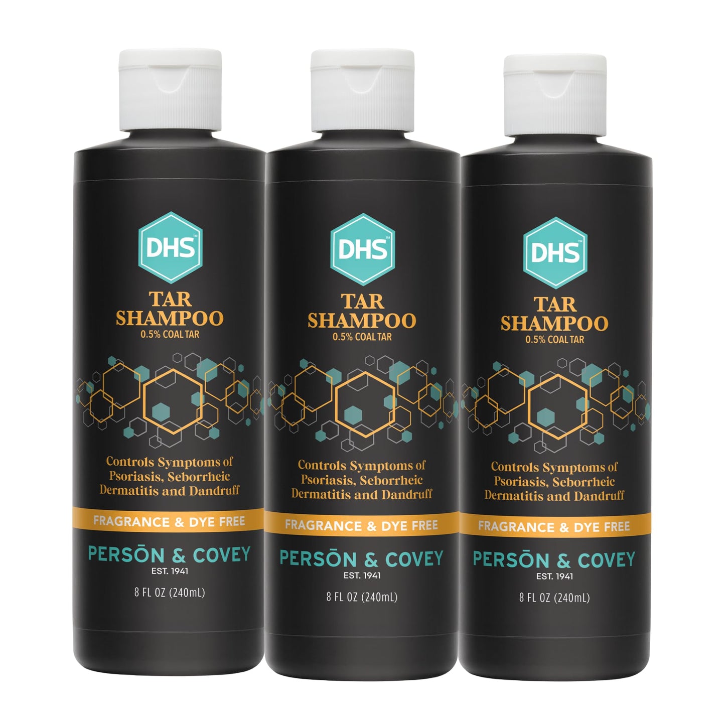 DHS Person & Covey, Inc Coal Tar Shampoo - Dandruff Shampoo for Men & Women, Psoriasis & Dandruff Hair Care for Itchy Scalp, Unscented Seborrheic Dermatitis Hair Care - 8 Fl Oz, Pack of 3