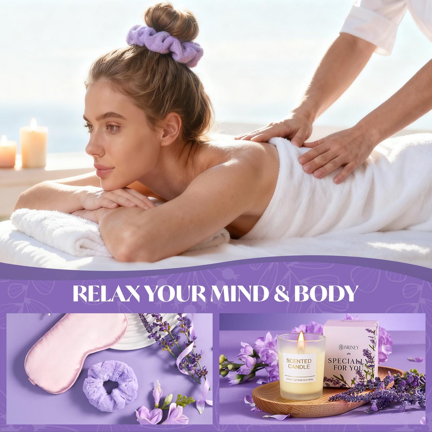 Briney Gift Baskets for Women, Mothers Day Gifts for Friends, Purple Birthday Valentines Women Day Easter Gifts Lavender Care Package Spa Basket for Girlfriend Wife Mom Sister