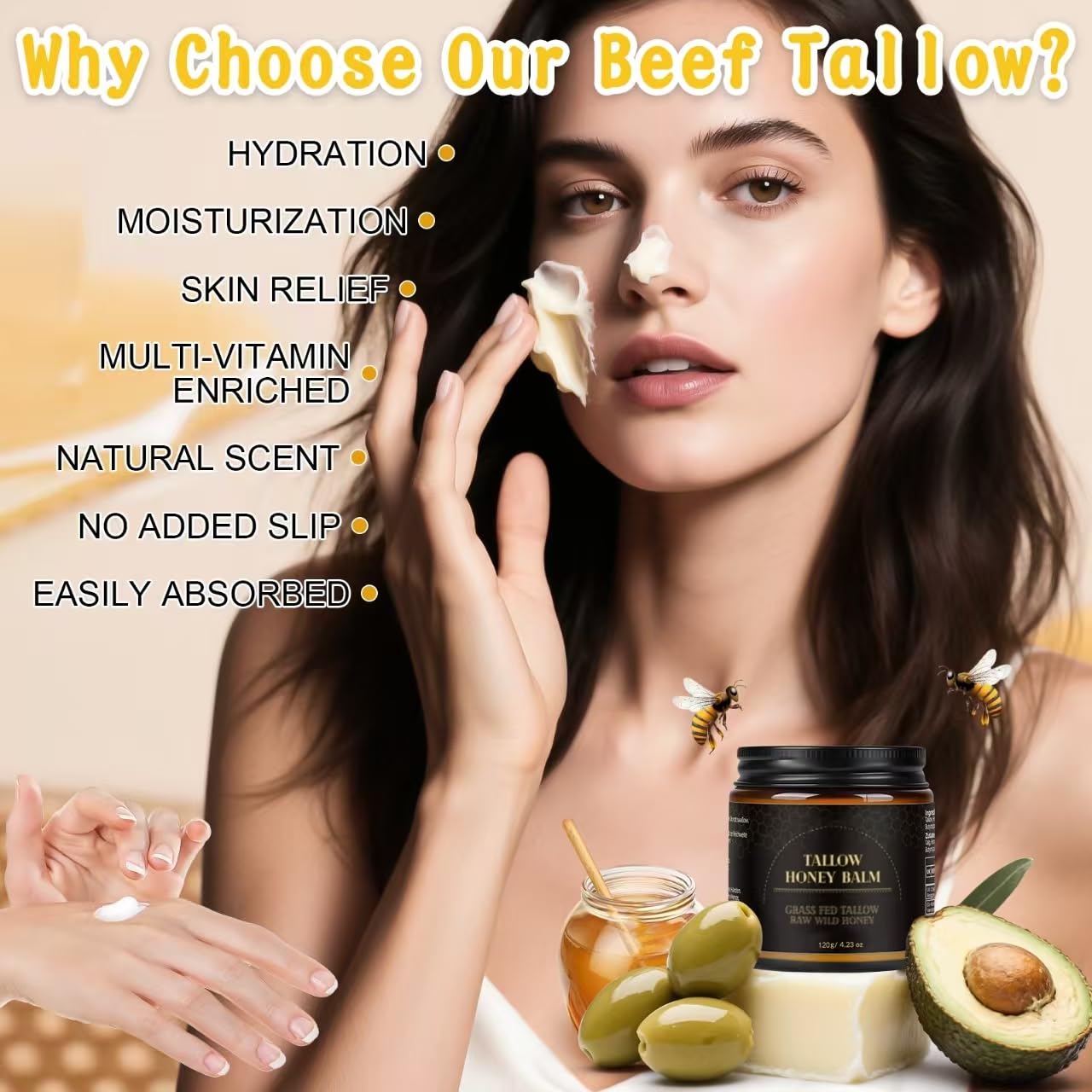 IIIMEIDU Beef Tallow for Skin, Tallow and Honey Balm for Face Moisturizer Balm, 100% Natural Organic Grass-Fed Beef, Honey, Vitamin E Oil for Body & Face (4.2 Oz, honey/balm)