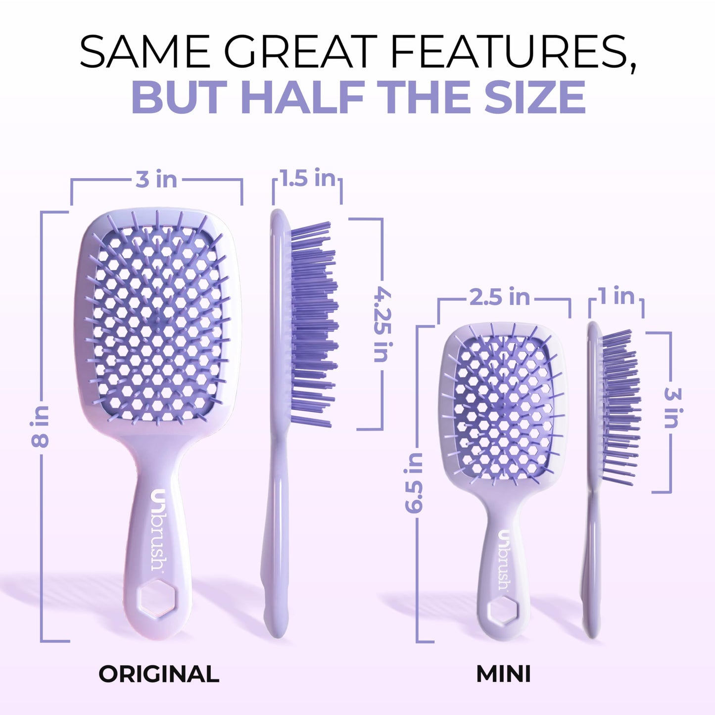 FHI Heat UNbrush Mini Detangler Brush for Pain-Free Brushing on All Wet or Dry Hair Types — Durable Duoflex Anti-Static Bristles, Lightweight Handle, Vented Mini Hair Brush, Lilac Light Purple