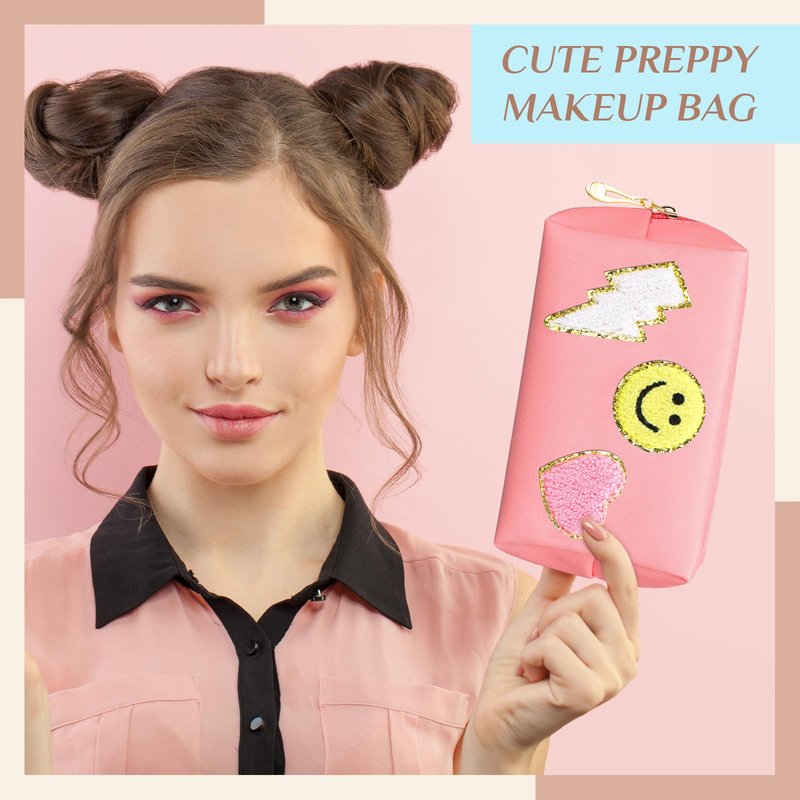 Silkfly 15 Pcs Preppy Patch Makeup Bag Bulk End of the Year Teacher Gifts Bulk Cosmetic Toiletry Bag Smile Lightning Heart PU Leather Portable Waterproof Makeup Cosmetic Purse for Women(Pink)