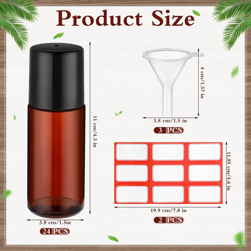 Sumind 24 Pcs Glass Roller Bottles for Essential Oil 50ml Empty Deodorant Bottle Roller Ball Container Refillable Rollerball Bottle with Plastic Balls, Funnel and Sticker (Brown)