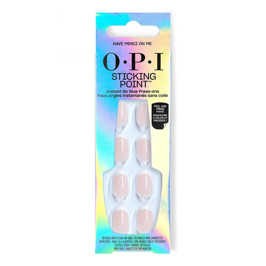 OPI Sticking Point Have Merci on Me | Short Round Opaque Neutral Pink French Tip Nail Art Instant No Glue Press On Nails | 30 Count with Adhesive Tabs | Damage-Free Wear | Spring 2026