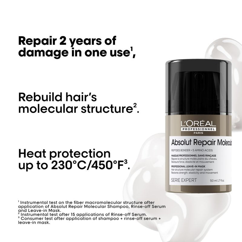 L'Oréal Professionnel Paris Absolut Repair Molecular Leave In - Smooths and Strengthens Hair For All Damaged Hair Types, 1.7 Fl Oz