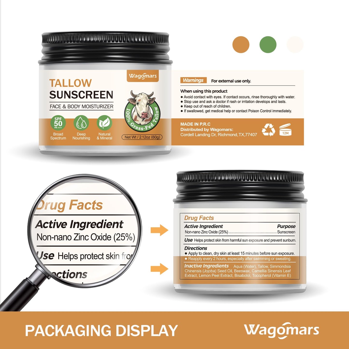 Wagomars Beef Tallow Sunscreen SPF 50 - Mineral Sunscreen with Zinc Oxide - Non-Toxic Natural Sunblock for Face & Body - Water Resistant, Reef Safe, Moisturizing for Dry and Sensitive Skin