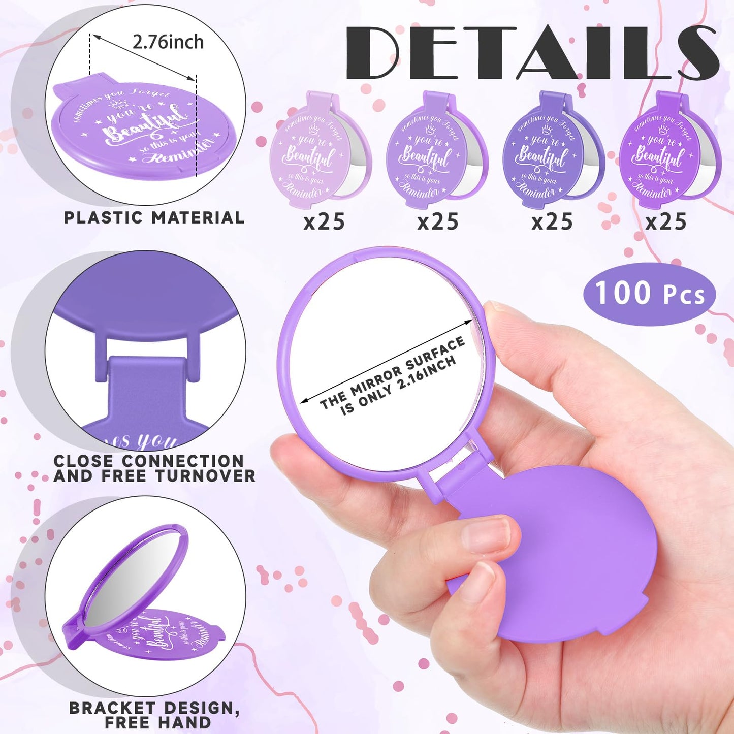 Gulfmew 100 Pcs 2.76 Inch Inspirational Compact Mirror Bulk Women Small Gifts Graduation Mothers Day Party Favors Purse Mirror Pocket Mini Items for Adult Coworker Cheerleader Swag Bag (Purple Series)