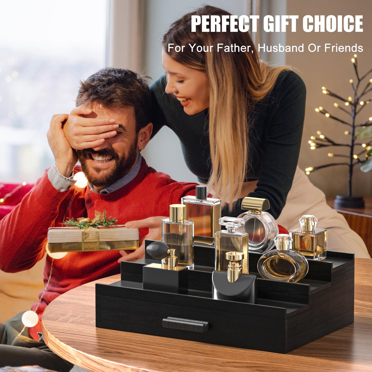 Sephyroth Cologne Organizer for Men – 3-Tier Perfume Display Shelf with Drawer and Hidden Storage, Elegant Cologne Holder, Great Gift for Men and Fathers (3T-Black)