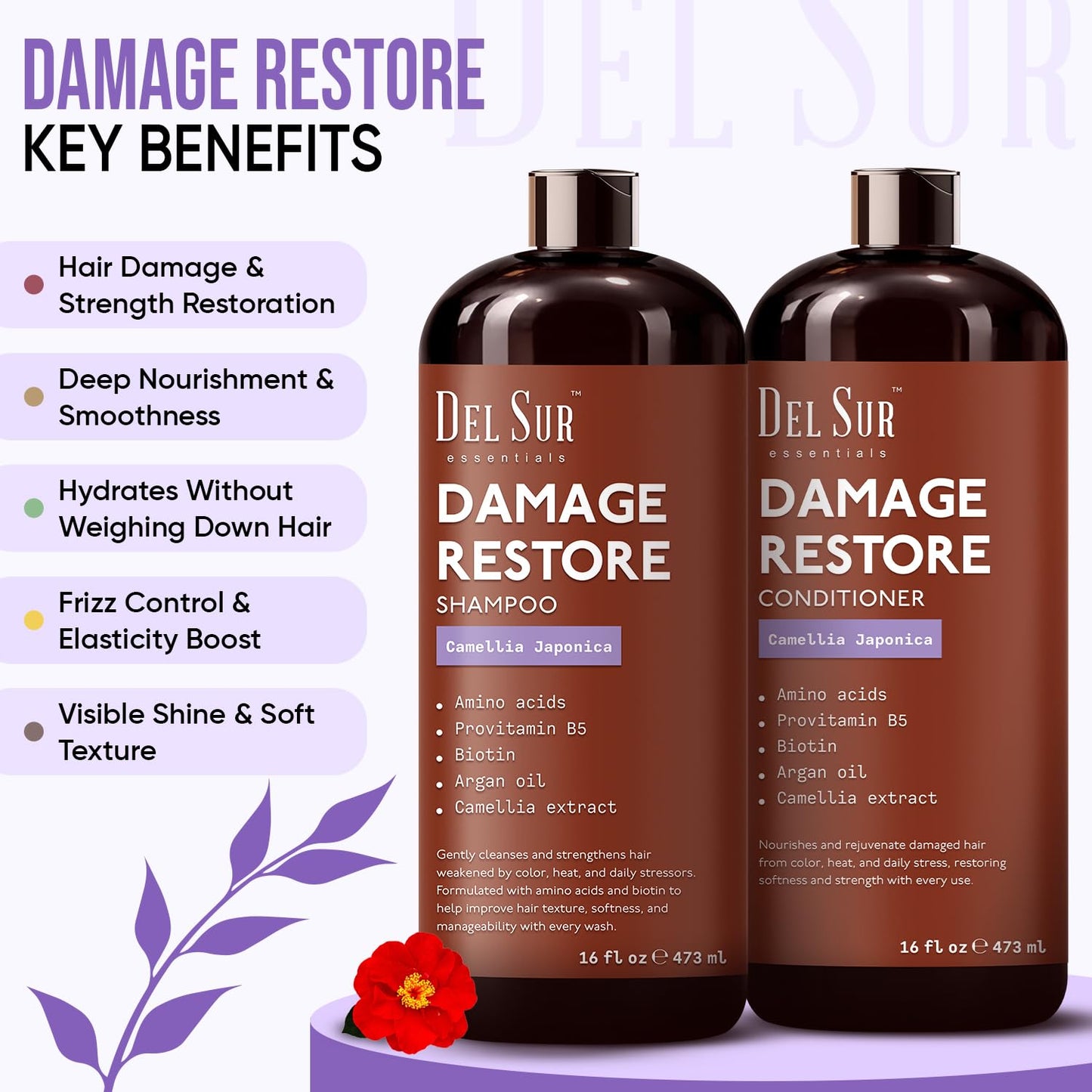 DEL SUR Hair Repair Shampoo and Conditioner Set | 16 fl oz Each | with Camellia Japonica, Amino Acids, Biotin & Argan Oil | Moisturizing Strength & Damage Repair for Dry, Damaged Hair