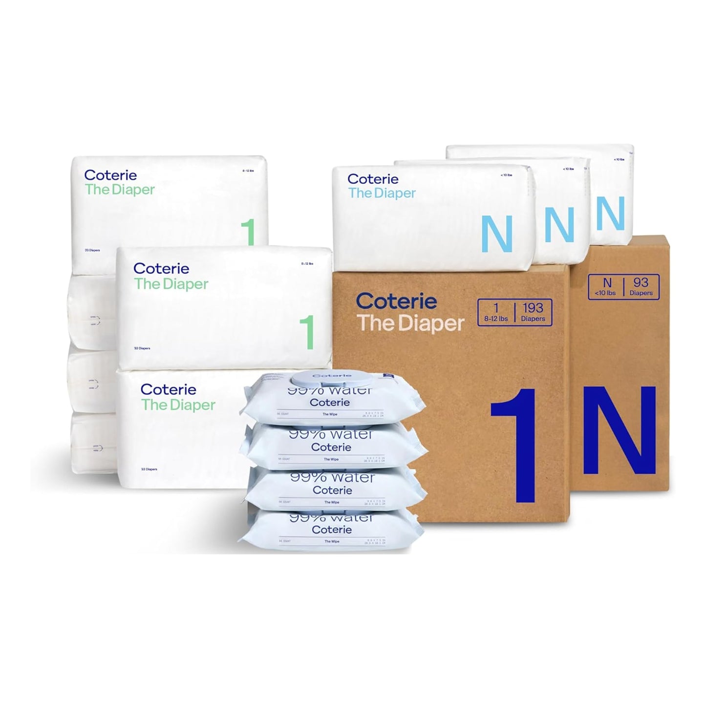 Coterie Baby Wipes + Diapers Kit, Size 1 (198 Count) & Size Newborn Diapers (93 Count), 4 Pack (224) Wipes with 99% Water, Plant Based Materials, Hypoallergenic for Sensitive Skin, Baby Essentials
