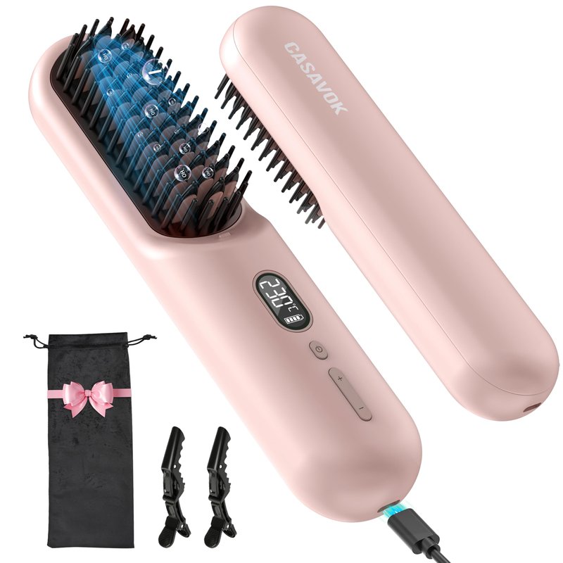 Portable Cordless Hair Straightener Brush for Travel,Mini Hair Straightener Comb with Negative Ion,Hair Straightener Brush Hot Comb for Women, Rechargeable 9600mAh Battery,12 Temp-Setting,Pink