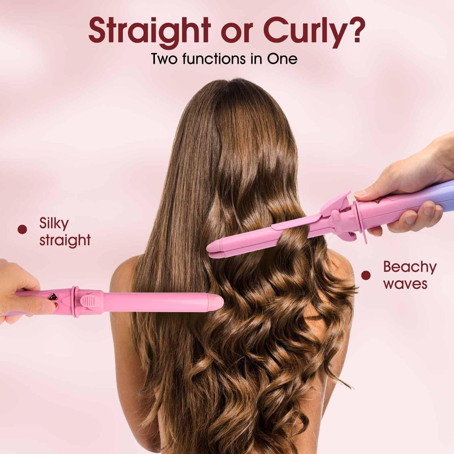 Automatic Rotating 2 in 1 Curler & Straightener - Temperatures Adjustable, 30s Fast Pre-Heating, 30MIN Smart Power Off, Special Clamp Design to Prevent Hair from Catching, Pink