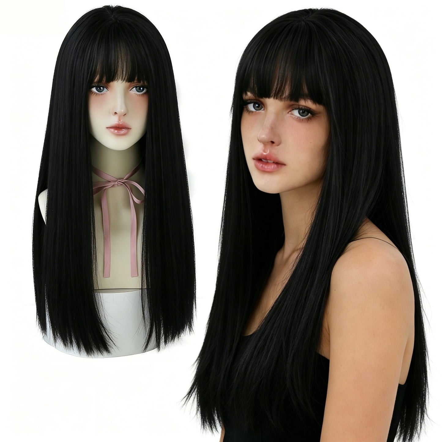 HUAISU 22 Inch Long Black High Density Synthetic Straight Hair Wig with Bangs Natural Looking Wig for Women