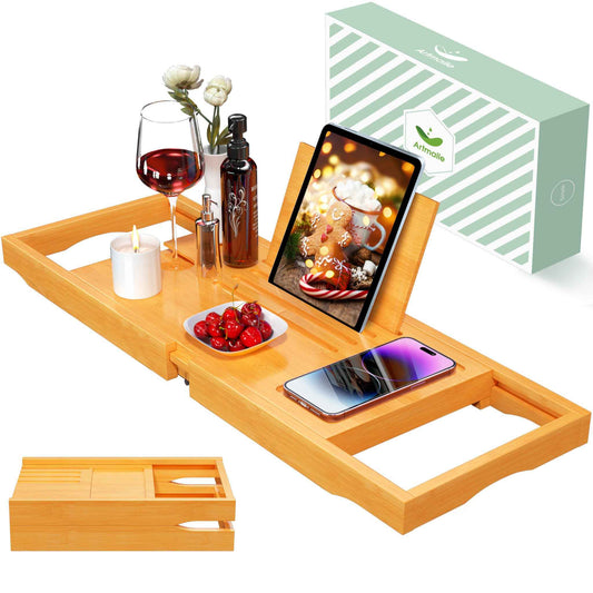 Artmalle Bathtub Caddy Tray for Tub, Expandable Bamboo Bath Table Tray with Book Stand for Home Spa Relaxing, Foldable Minimalist Bathroom Accessories for Women Men (Simple, Natural) (Natural)