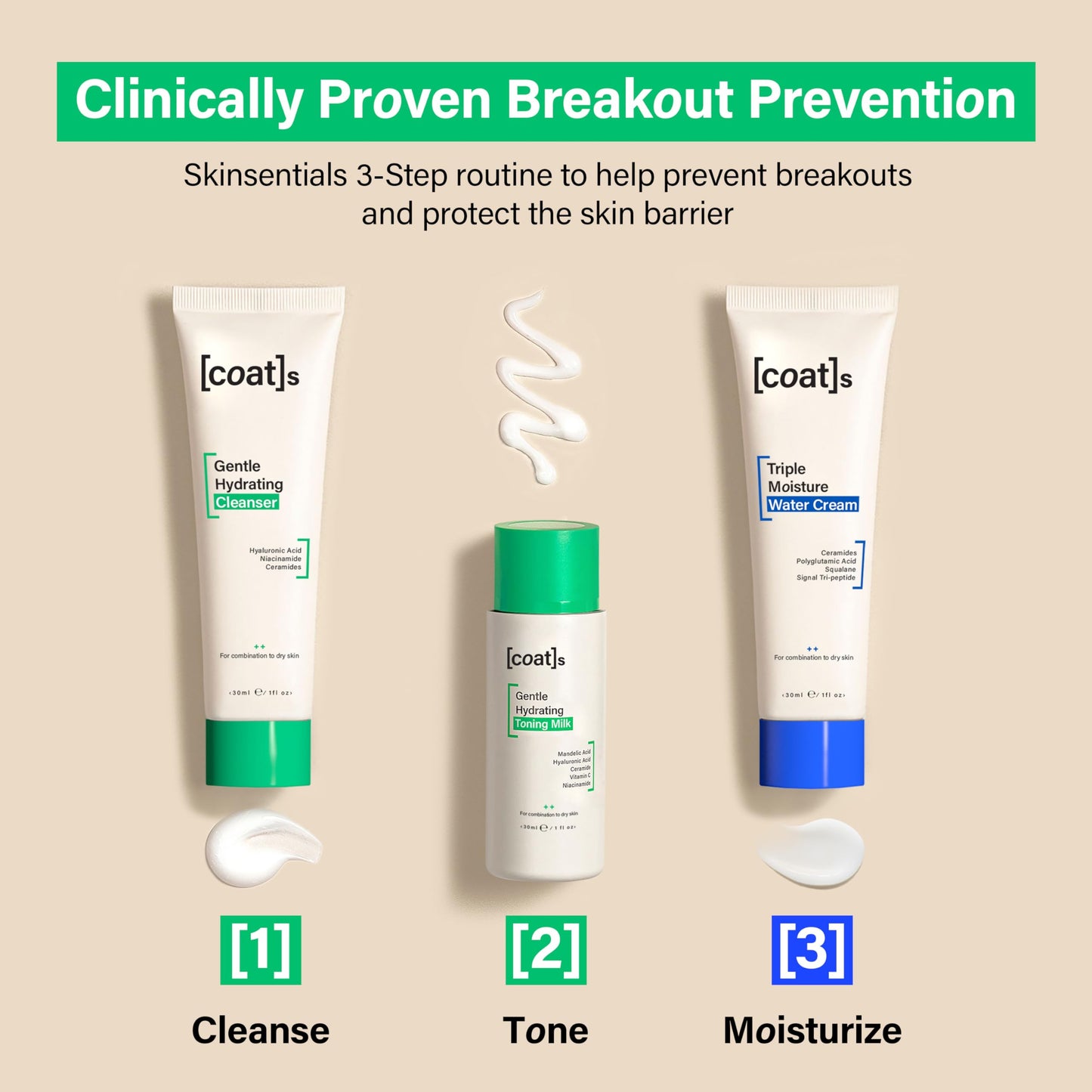 Coats Skinsentials Starter Bundle – Travel Cleanser, Toner & Moisturizer (1 oz each) – 3-Step Regimen Prevents Breakouts & Protects Barrier with Ceramides, For Women & Men