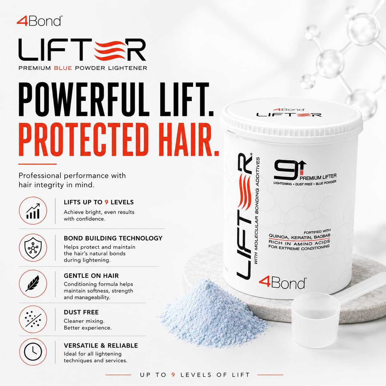 4BOND Premium Hair Bleach Powder Lightener | Blue Based Lightener | Up To 9 Levels Of Lift | Infused with Amino Acids, and Quinoa, Keratin and Baobab Proteins For Repairative Conditioning 16 Fl Oz