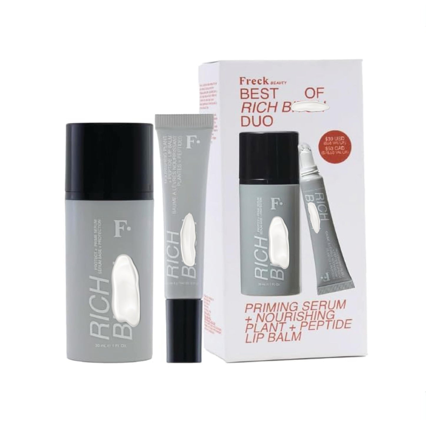 Freck Beauty RICH Babe Duo Protect + Prime Serum and Lip Balm Set | Hydrating Face Primer Glow Barrier Makeup Base Plumping Lip Treatment Smooth Nourished Lips