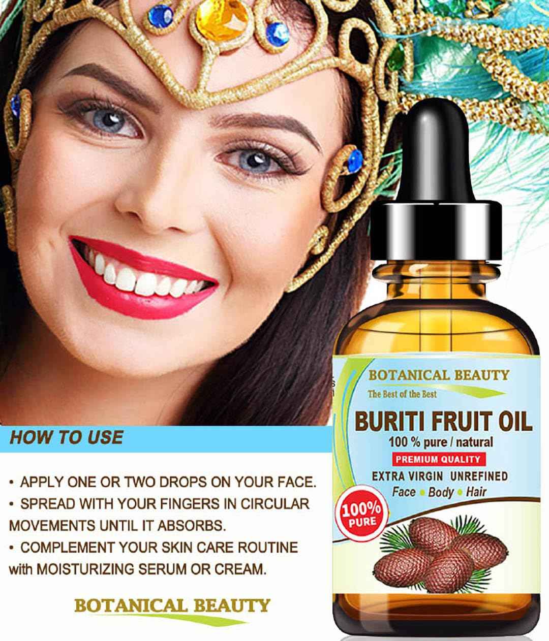 Botanical Beauty Brazilian BURITI FRUIT OIL 100% Pure Natural Virgin Unrefined Cold Pressed Carrier Oil Undiluted for Face, Body, Hair, Lip, Nails (1 Fl Oz)