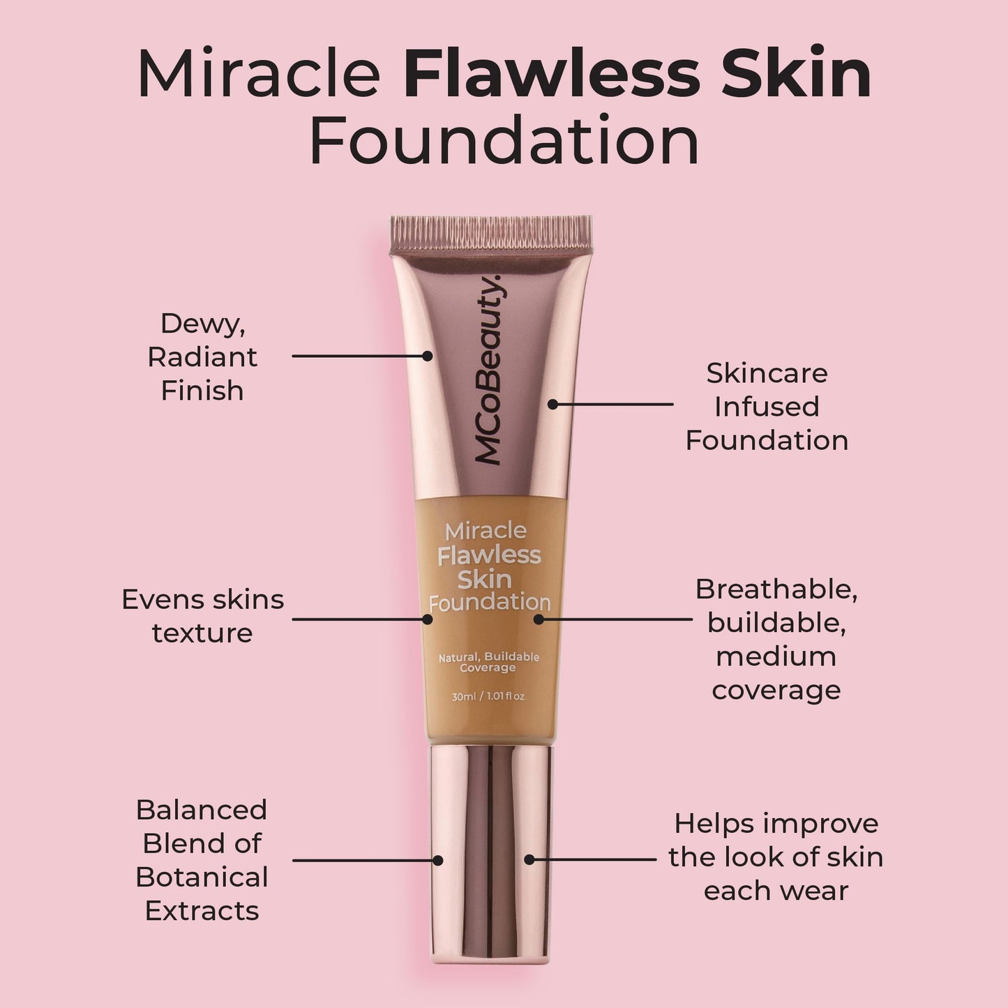 MCoBeauty Miracle Flawless Skin Liquid Foundation Natural Ivory - Buildable Medium Coverage Dewy Finish for All Skin Types - Hyaluronic Acid Coconut Water Rose Water Hydrating Face Makeup Vegan - 1