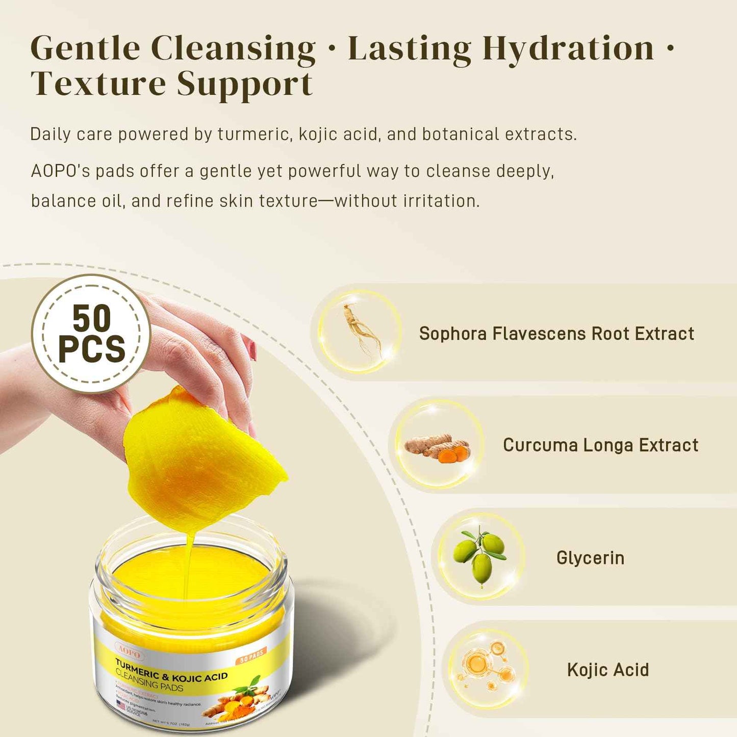 Kojic Acid and Turmeric Cleansing Pads, 50 Pcs, for Face Cleansing and Exfoliation