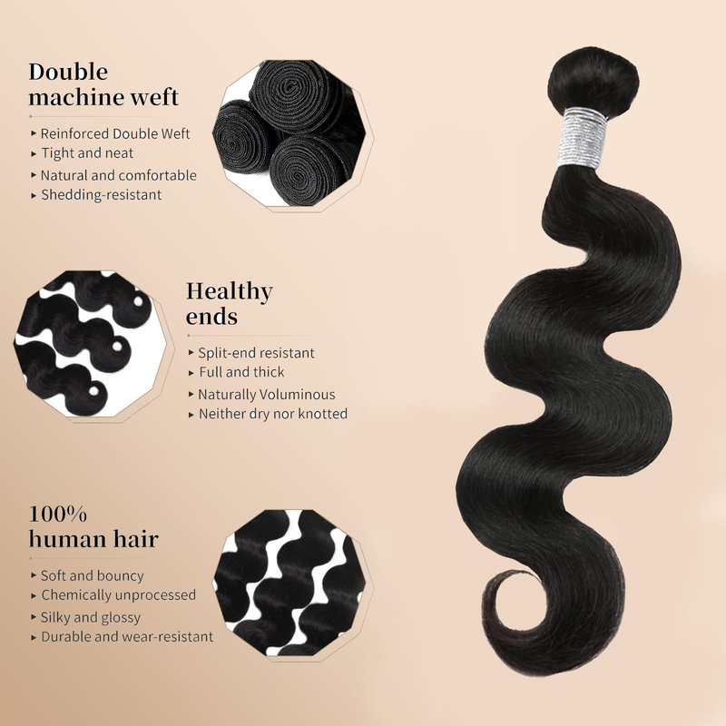 EclatWigs 12A Unprocessed Brazilian Human Hair Body Wave Bundles 1 Bundle 22 Inch Natural Black Soft Smooth Double Weft Quick Weft Hair Extensions for Women