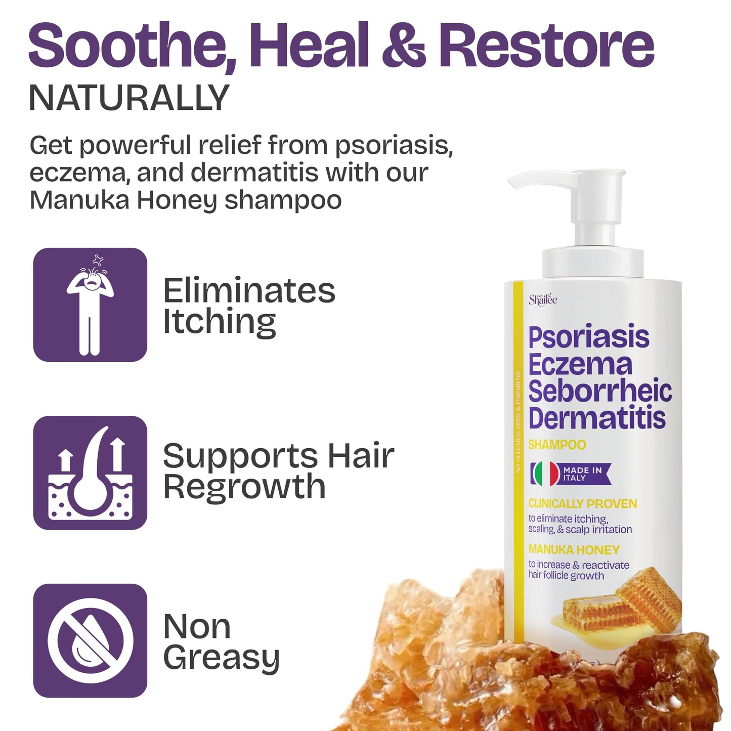 Psoriasis Shampoo with Scalp Scrubber for Eczema & Folliculitis Treatment - Seborrheic Dermatitis Antifungal Shampoo for Ringworm, Acne, Flaking, Dry & Itchy Scalp - Psoriasis Relief with Manuka Honey