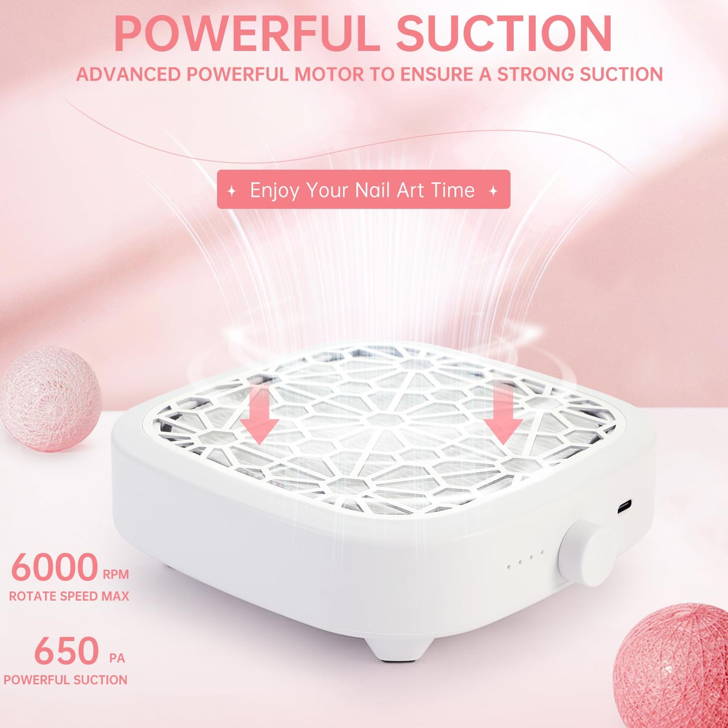 CHRISTINE SHELLY Nail Dust Collector, Cordless Dust Collector Nail Tech, Compact Powerful 6000RPM Nail Vacuum Fan Rechargeable Dust Extractor for Acrylic Gel Polish Manicure Pedicure for Home, White