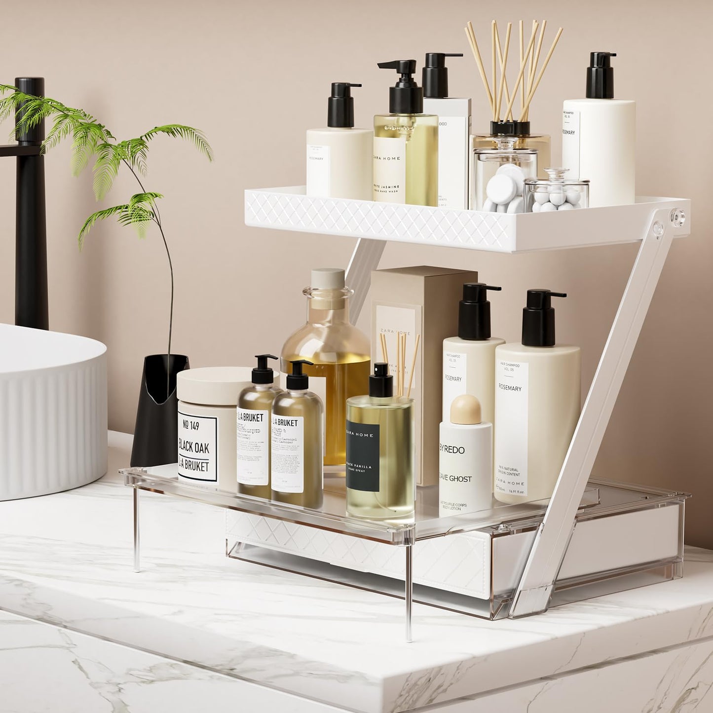 NEATORA 2 Tier Bathroom Countertop Organizer, Z-Shaped Vanity Organizer with Sliding Tray & Drawer, Skincare, Makeup & Perfume Storage Organizer, Acrylic office, Dresse & Desk Organizer