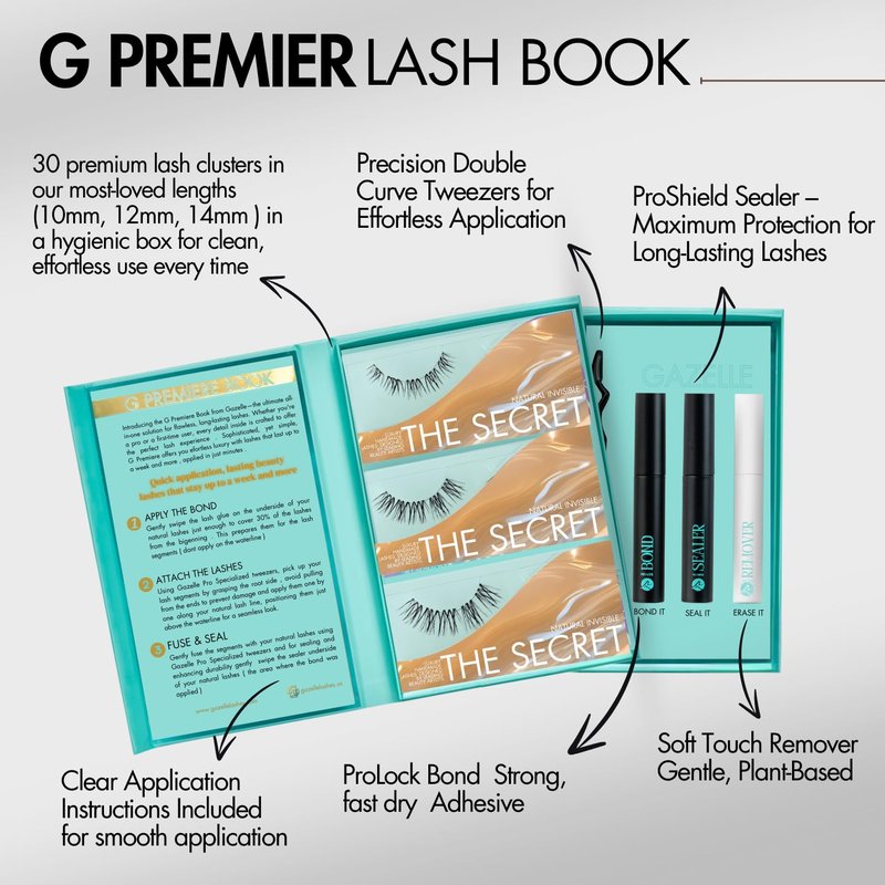 GAZELLE Lash Cluster Kit - DIY Eyelash Extensions with Bond & Sealer | 3-Pack Wispy PBT Lashes (10-12-14mm)