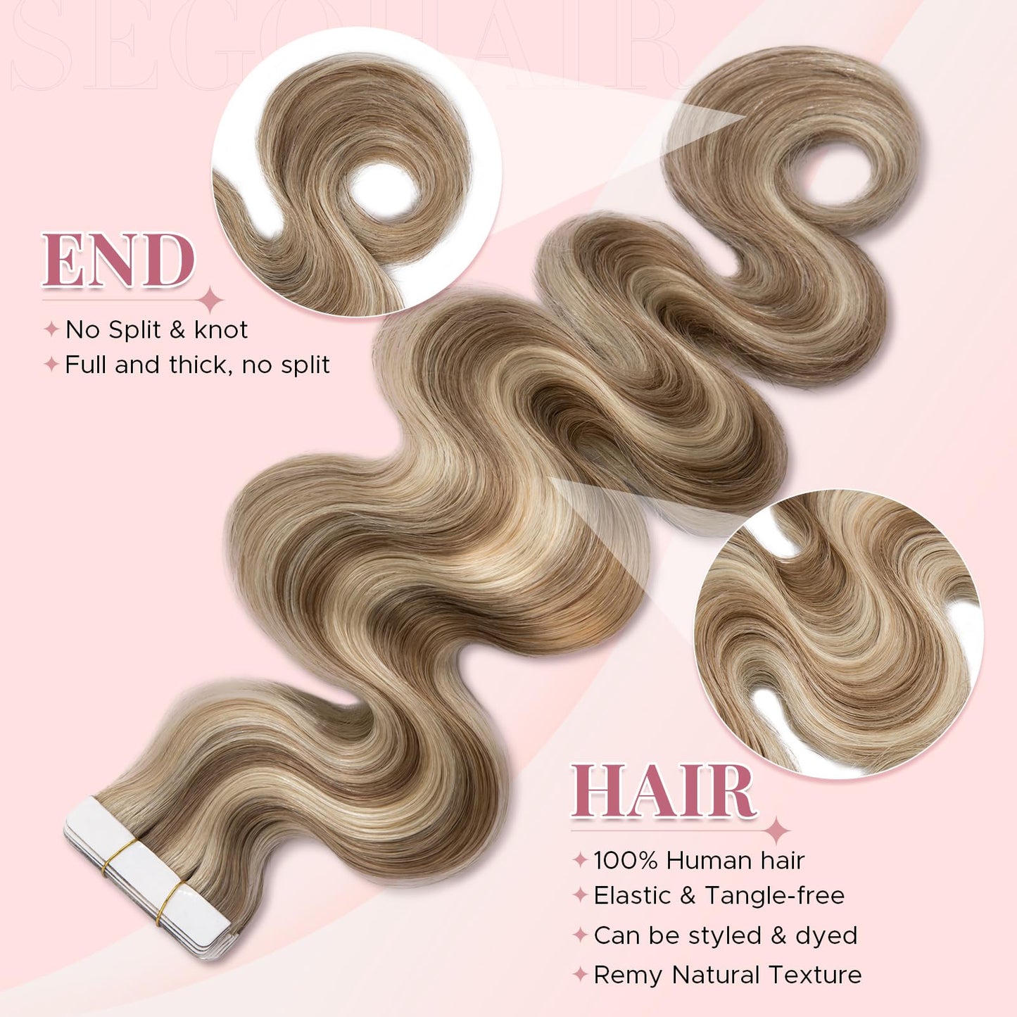 SEGOHAIR Wavy Tape In Hair Extensions Real Human Hair with Double-Sided Adhesive Professional Hair Extensions for Women 20pcs Body Wave 14 Inches #12P613 Golden Brown & Bleach Blonde