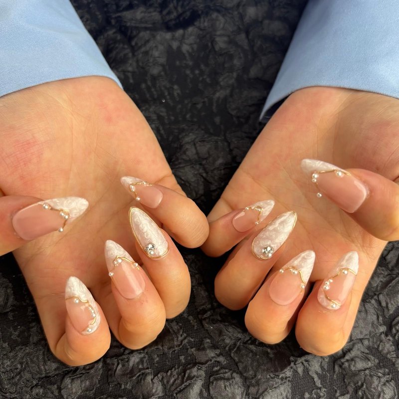 AKA Unicorn 10Pcs Handmade Press On Nails Short Almond,Nude Pink Acrylic Nails,Luxury Nail Press On with Charm Pearl Design for Wedding&Party Wear-True Love Design Concept