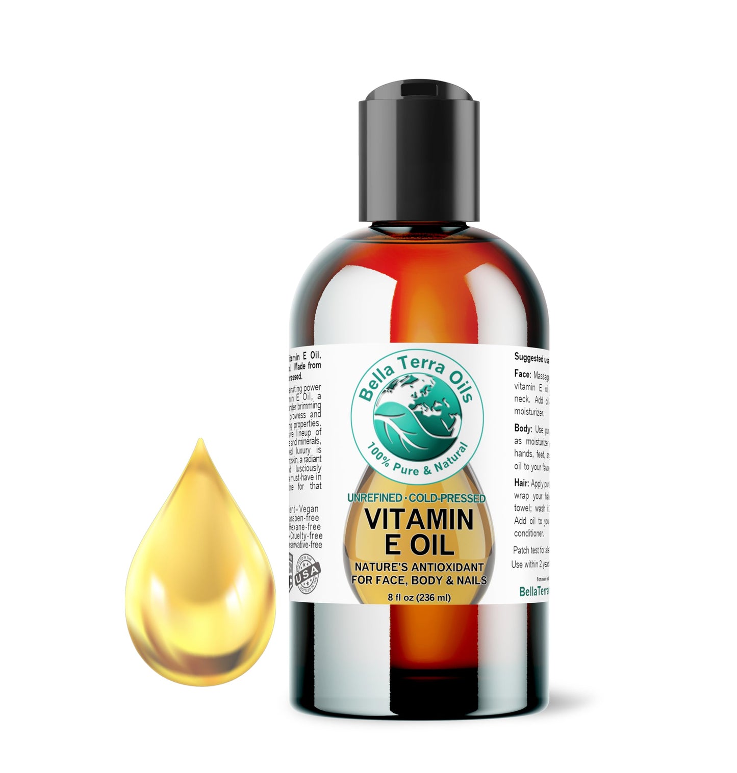 Bella Terra Oils Natural Vitamin E Oil 8oz – Moisturizing Wheat Germ Oil for Face, Body & Hair Care