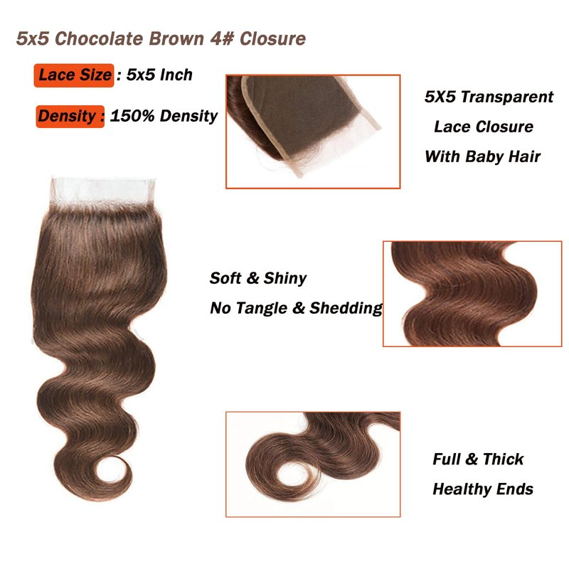 5x5 Chocolate Brown Body Wave Closure Free Part Pre Plucked With Baby Hair Brazilian Virgin Remy Human Hair Color #4 Closure 12 Inch