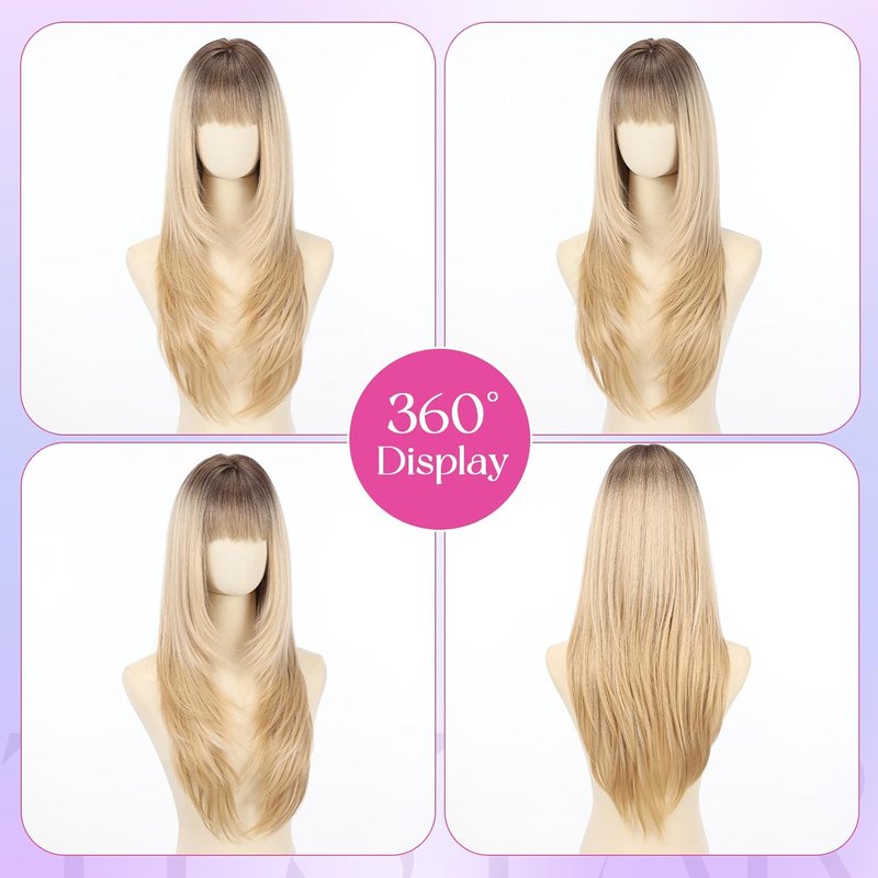 Realistic Scalp 4x4 Ombre Blonde Straight Wig - 26" Synthetic Heat Resistant Fiber with Bangs for Women