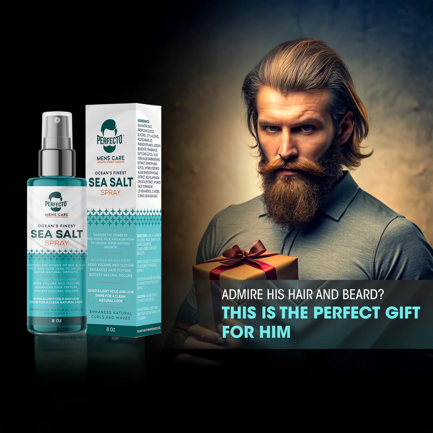 Perfecto Sea Salt Spray for Men – Hair Texturizing Spray with Kelp, Aloe Vera & Red Algae | Adds Volume, Texture & Beach Waves | Natural Light Hold | For Men & Women | 8 fl oz