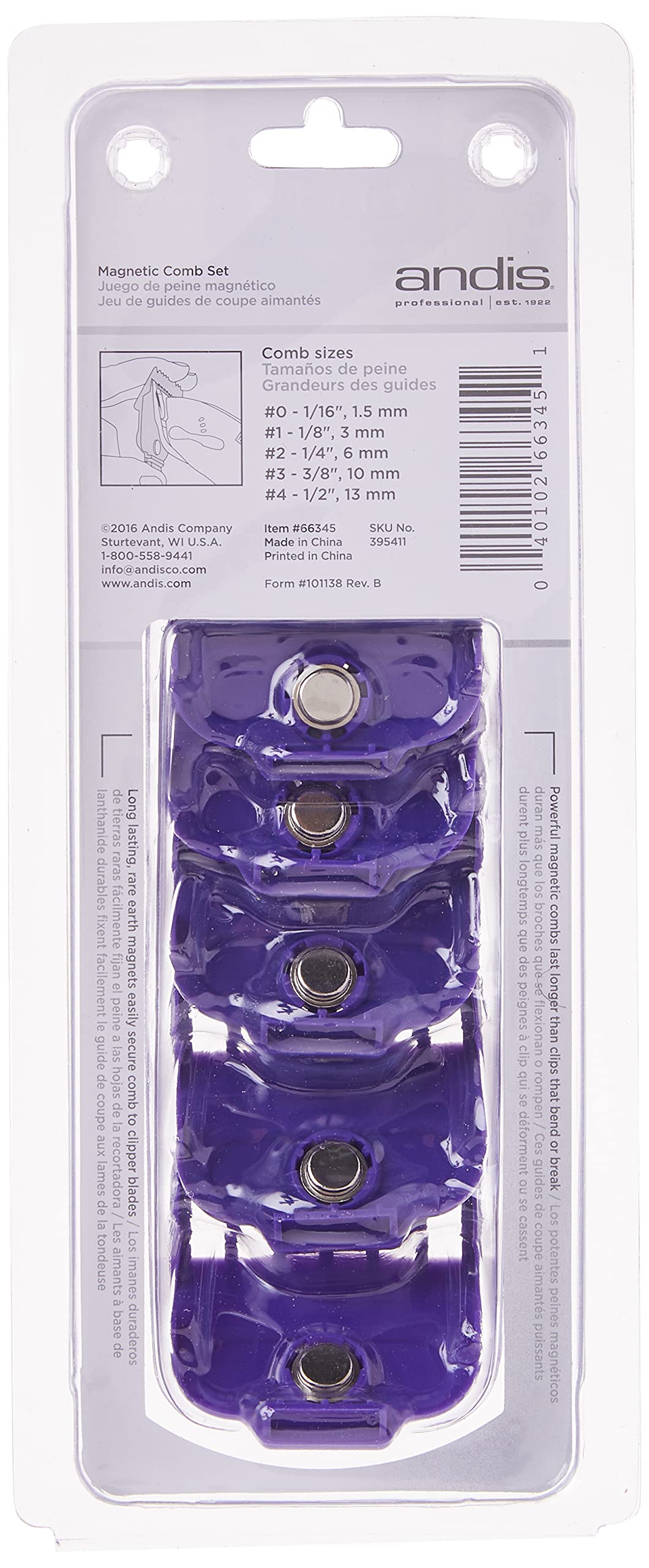 Andis 66345 Nano-Silver Magnetic Attachment 5 Combs with Long-Lasting Performance - Sizes 6", 8", 4", 3/8", 2", Provide Professional Haircuts and Styles – Purple
